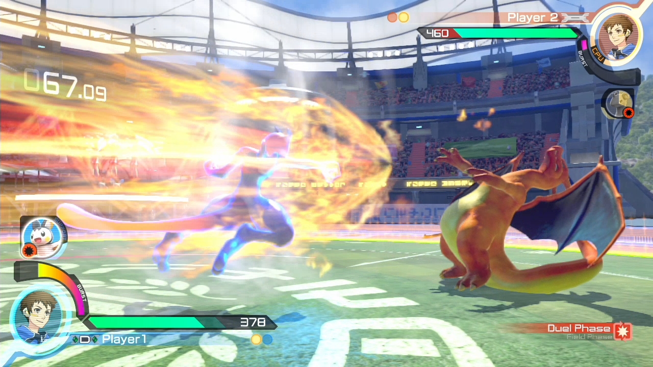 Pokken Tournament screenshot: MewTwo vs Charizard