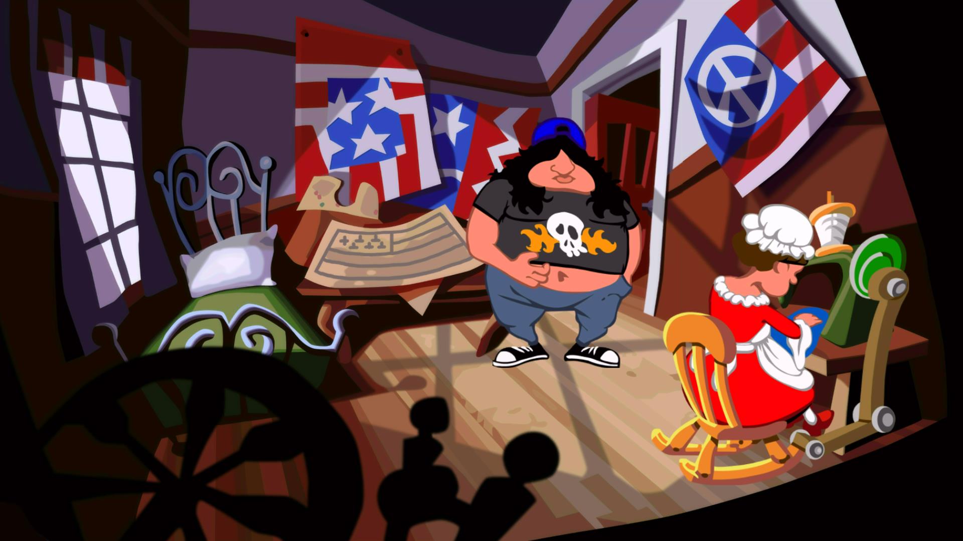 Day of the Tentacle HD Remaster screenshot: Hoagie in the flag room