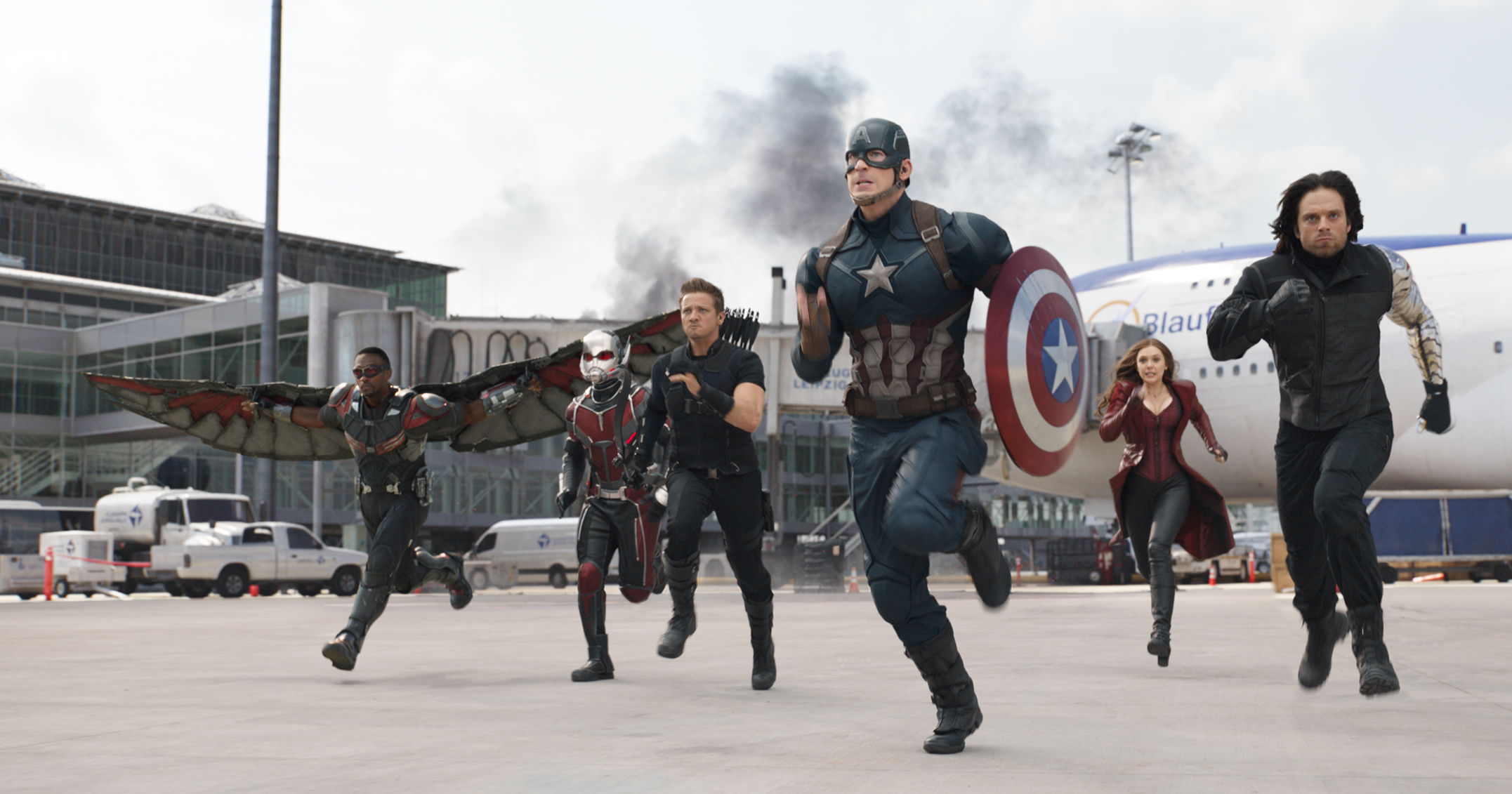 Marvel's Captain America: Civil War..L to R: Falcon/Sam Wilson (Anthony Mackie), Ant-Man/Scott Lang (Paul Rudd), Hawkeye/Clint Barton (Jeremy Renner), Captain America/Steve Rogers (Chris Evans), Scarlet Witch/Wanda Maximoff (Elizabeth Olsen), and Winter Soldier/Bucky Barnes (Sebastian Stan)..Photo Credit: Film Frame..© Marvel 2016